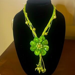 Green Floral Necklace with Pearls